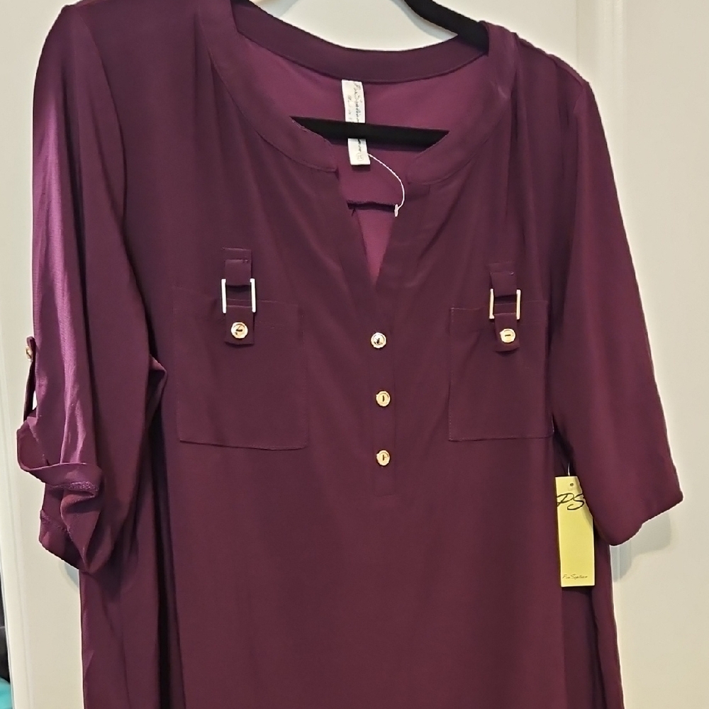 Perseption Purple and Gold 3/4 Sleeve Blouse with Mandarin Collar